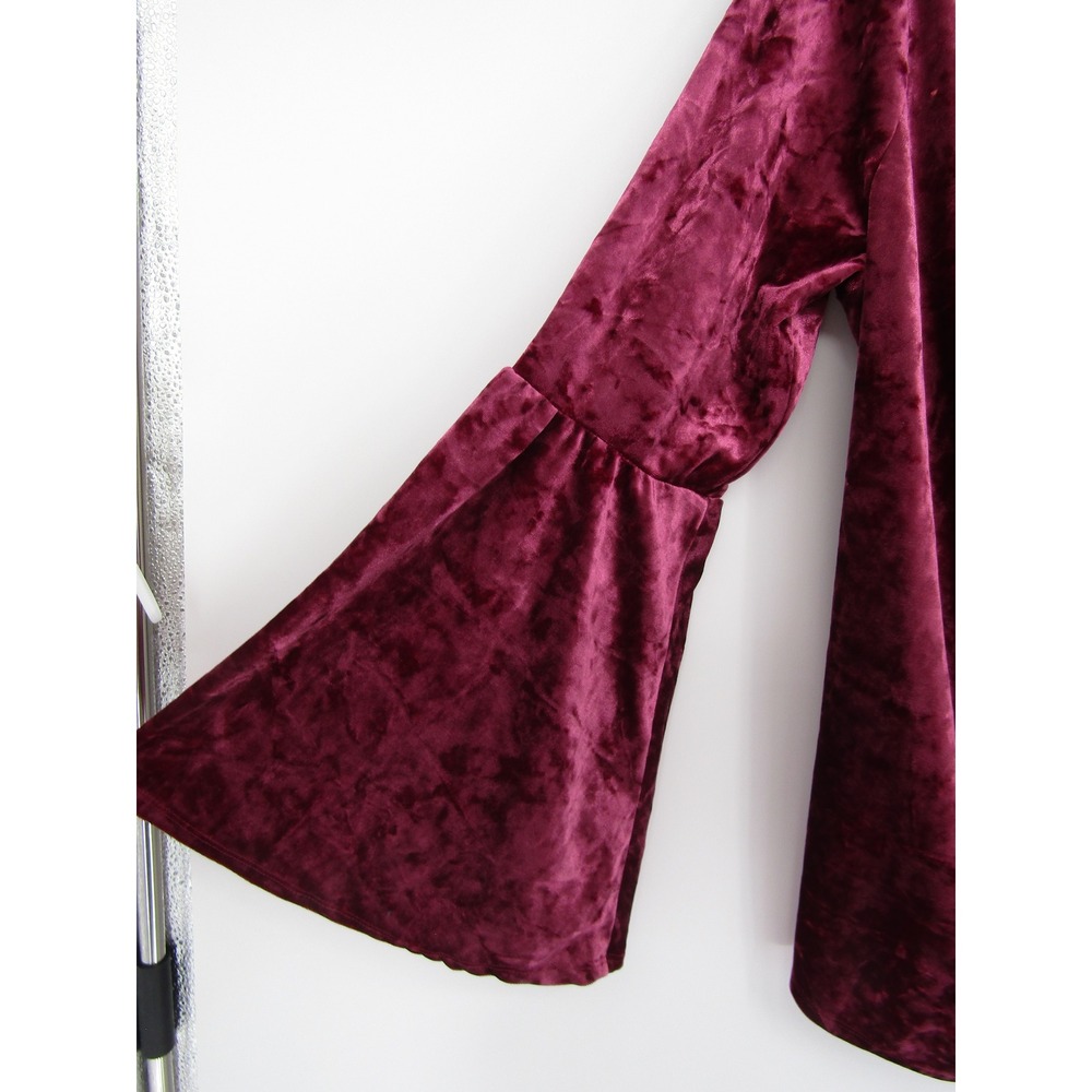 Venus Velvet Top Large Burgundy Crushed Bell Sleeve Surplice Ruched Wrap Festive - Picture 7 of 12